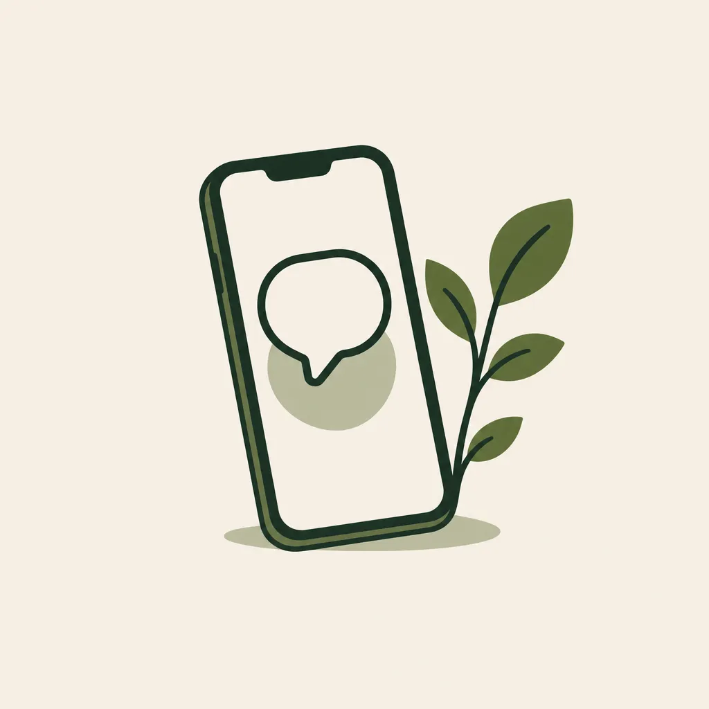 Illustratie van een telefoon met een chatbericht en een opgroeiend blaadje: laagdrempelig contact