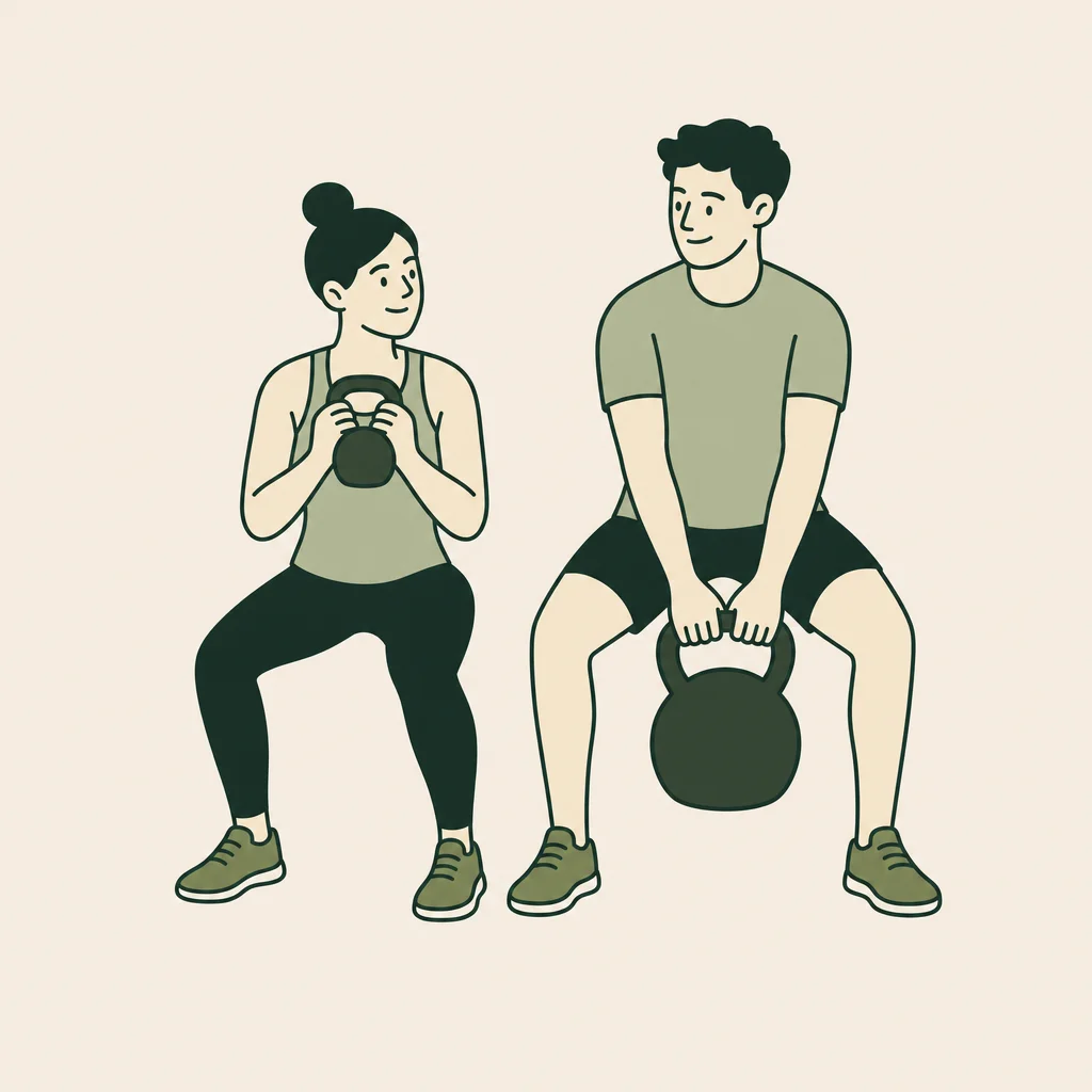 Illustratie van twee mensen die samen trainen, ieder met een eigen kettlebell