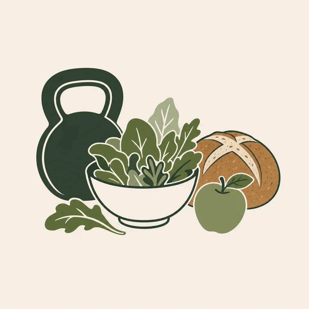 Illustratie van een kettlebell naast een kom verse groenten, zuurdesembrood en een appel