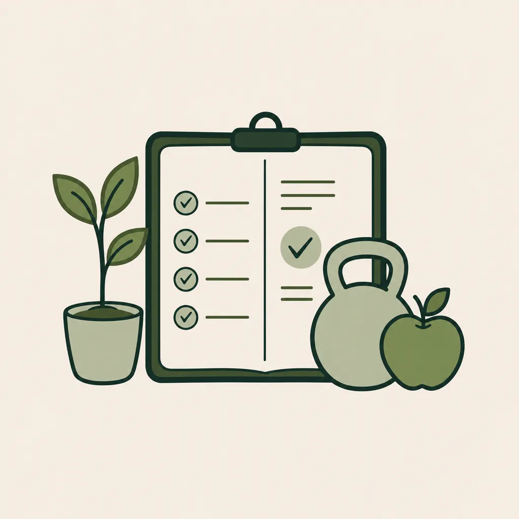 Illustratie van een traject-overzicht: een klembord met checklist, een jonge plant, een kettlebell en een appel