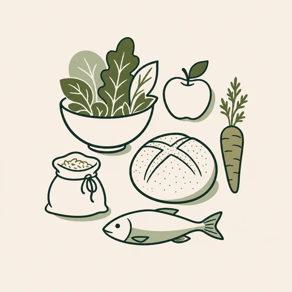 Illustratie van whole food voeding: groenten, fruit, rijst, zuurdesembrood en vis